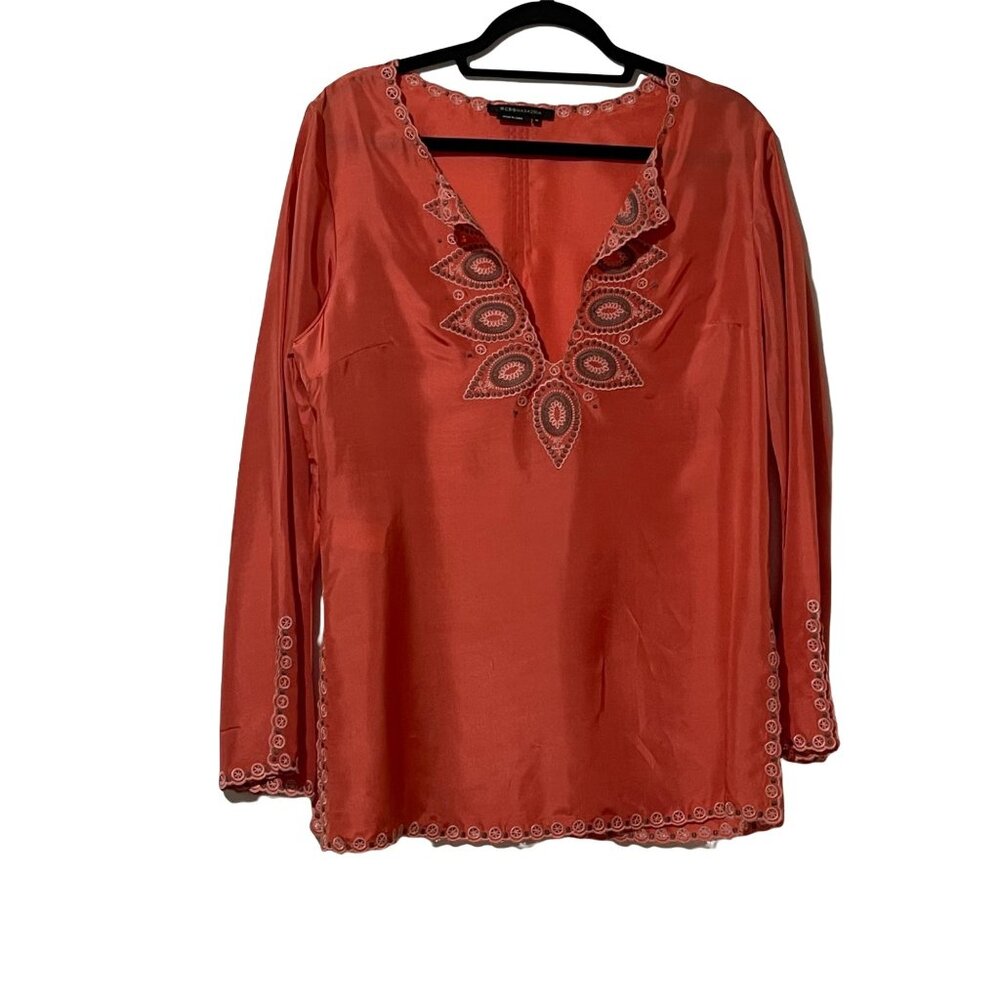 BCBGMaxAzria Burnt Orange Sz M 100% Silk Boho Tunic Top With Embroidered Details